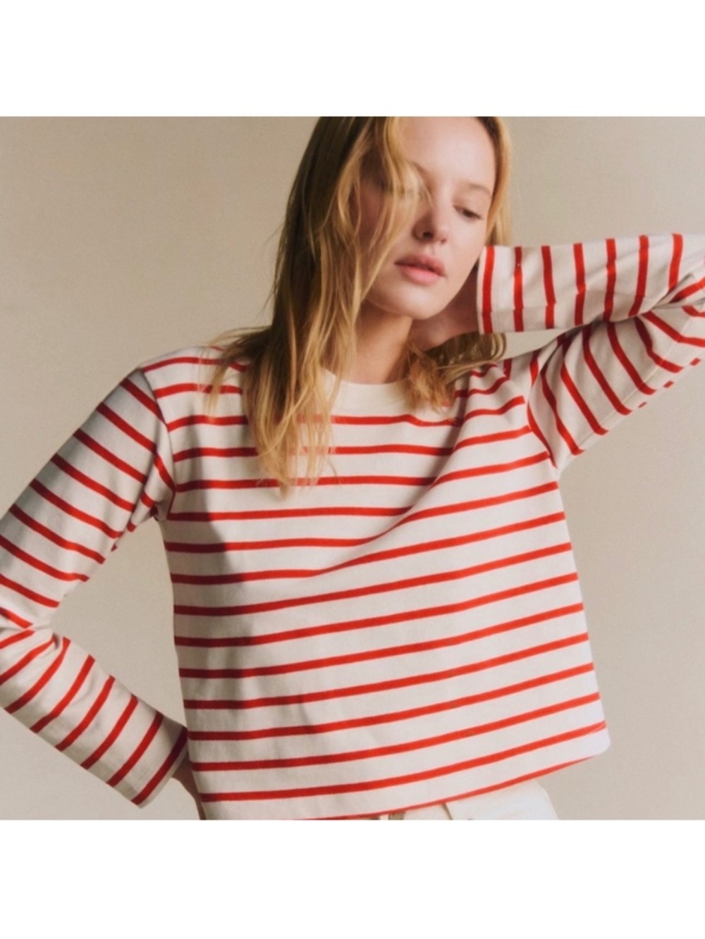 Sezane Cream and Red Striped Long-Sleeve Top